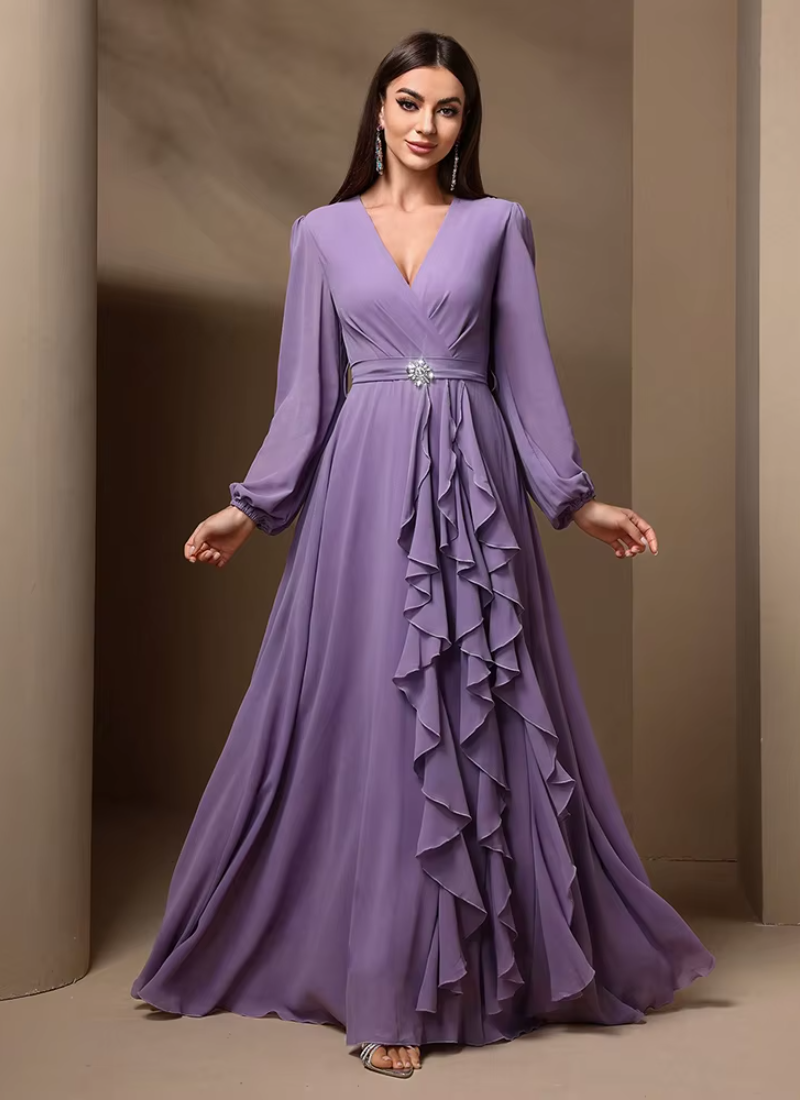 Elegant Luxury Formal Draped Ruffle with Rhinestone Décor Long Sleeve Party Maxi Dresses