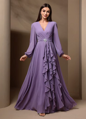 Elegant Luxury Formal Draped Ruffle with Rhinestone Décor Long Sleeve Party Maxi Dresses