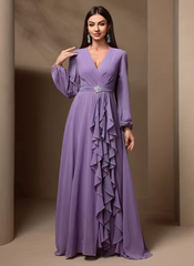 Elegant Luxury Formal Draped Ruffle with Rhinestone Décor Long Sleeve Party Maxi Dresses