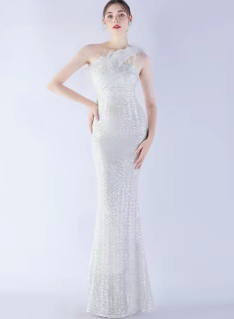 Elegant Luxury One-Shoulder Backless Sequin Maxi Party Prom Long Dress