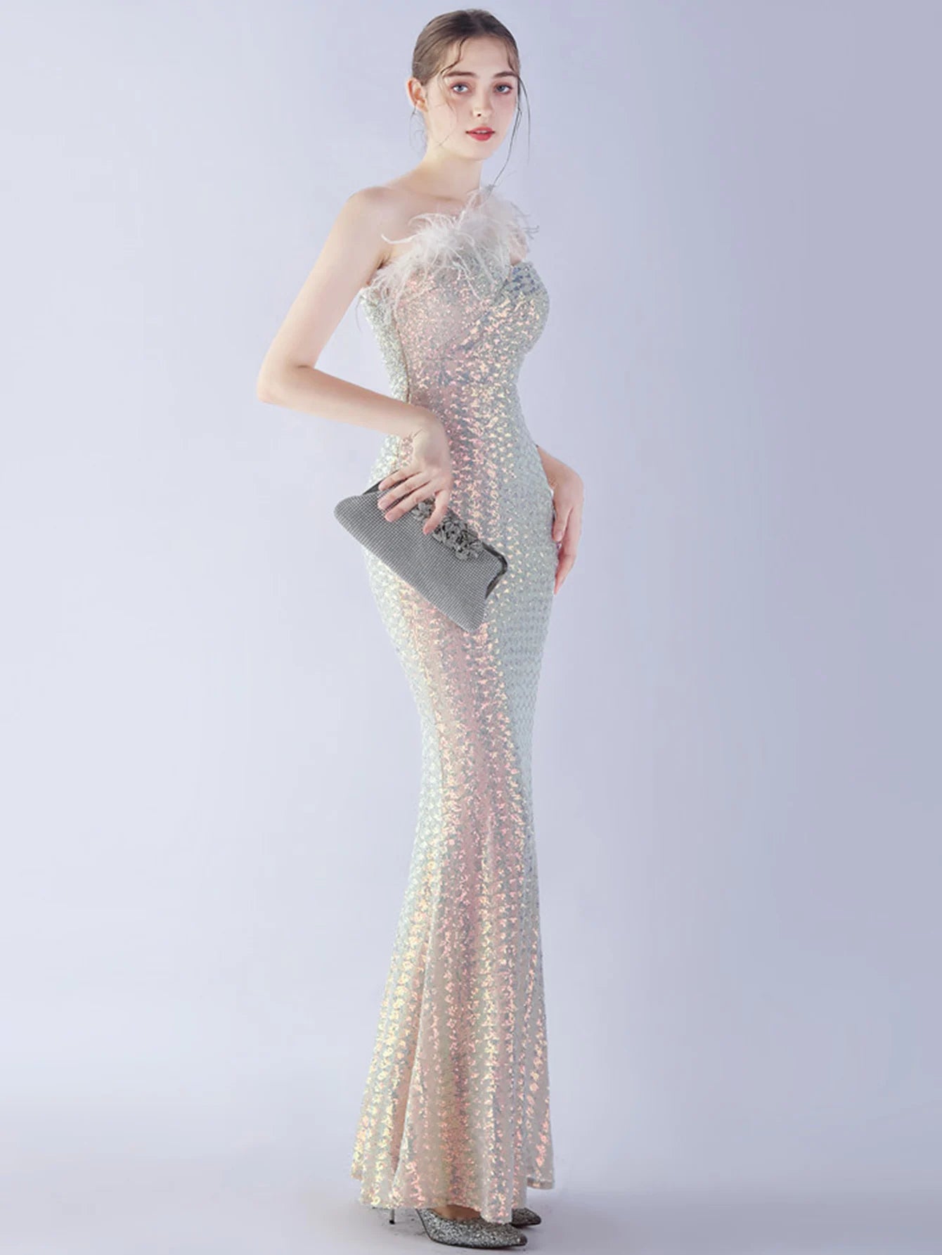Elegant Luxury One-Shoulder Backless Sequin Maxi Party Prom Long Dress