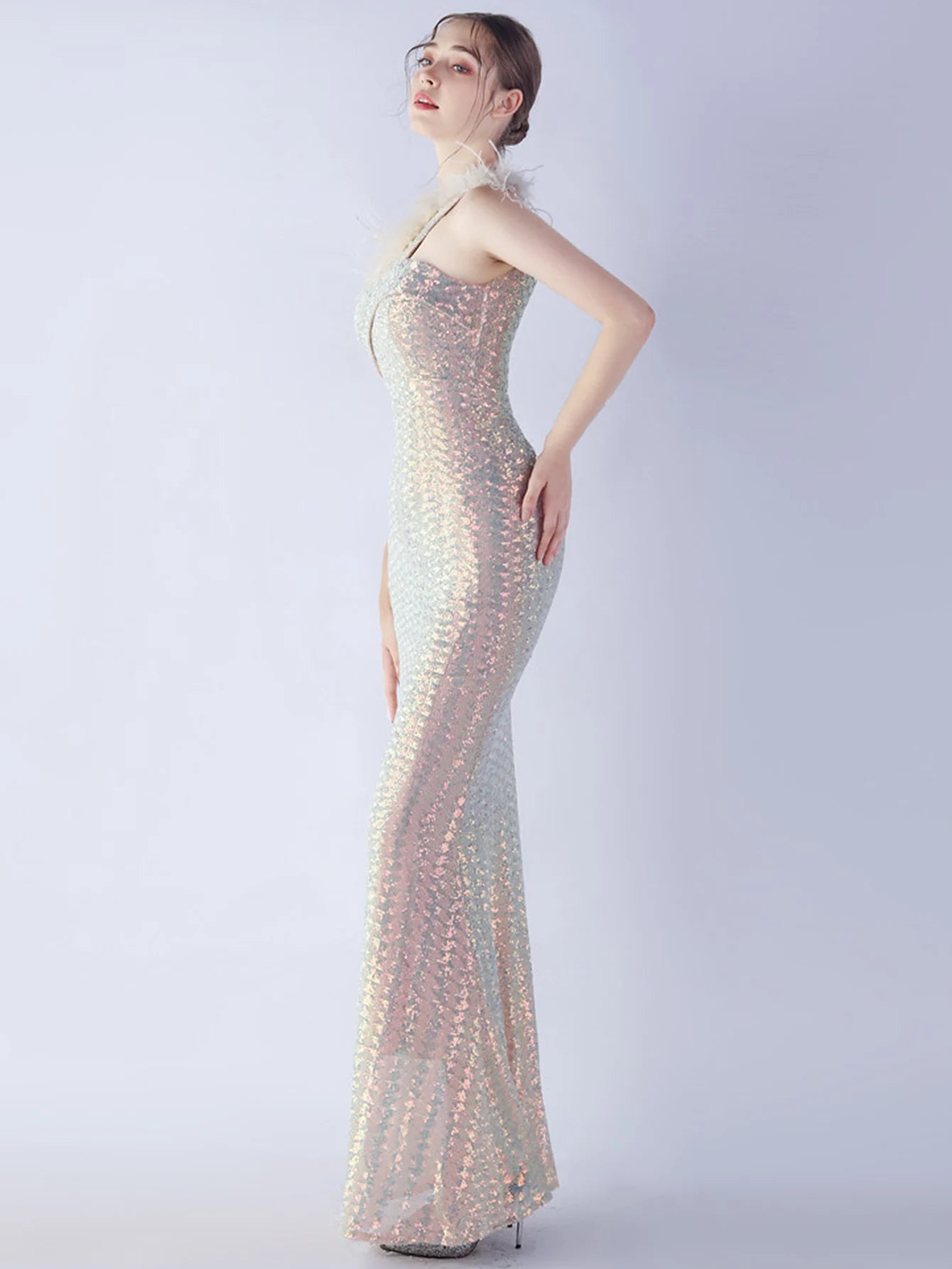 Elegant Luxury One-Shoulder Backless Sequin Maxi Party Prom Long Dress