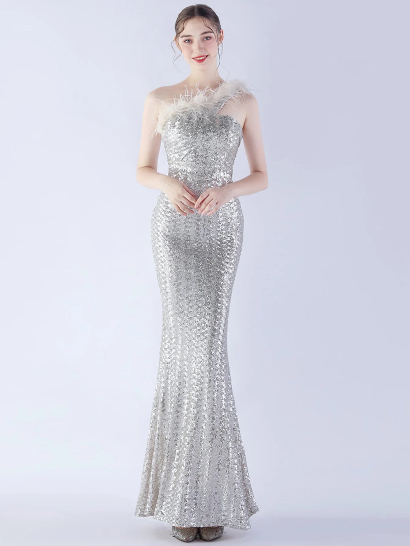 Elegant Luxury One-Shoulder Backless Sequin Maxi Party Prom Long Dress