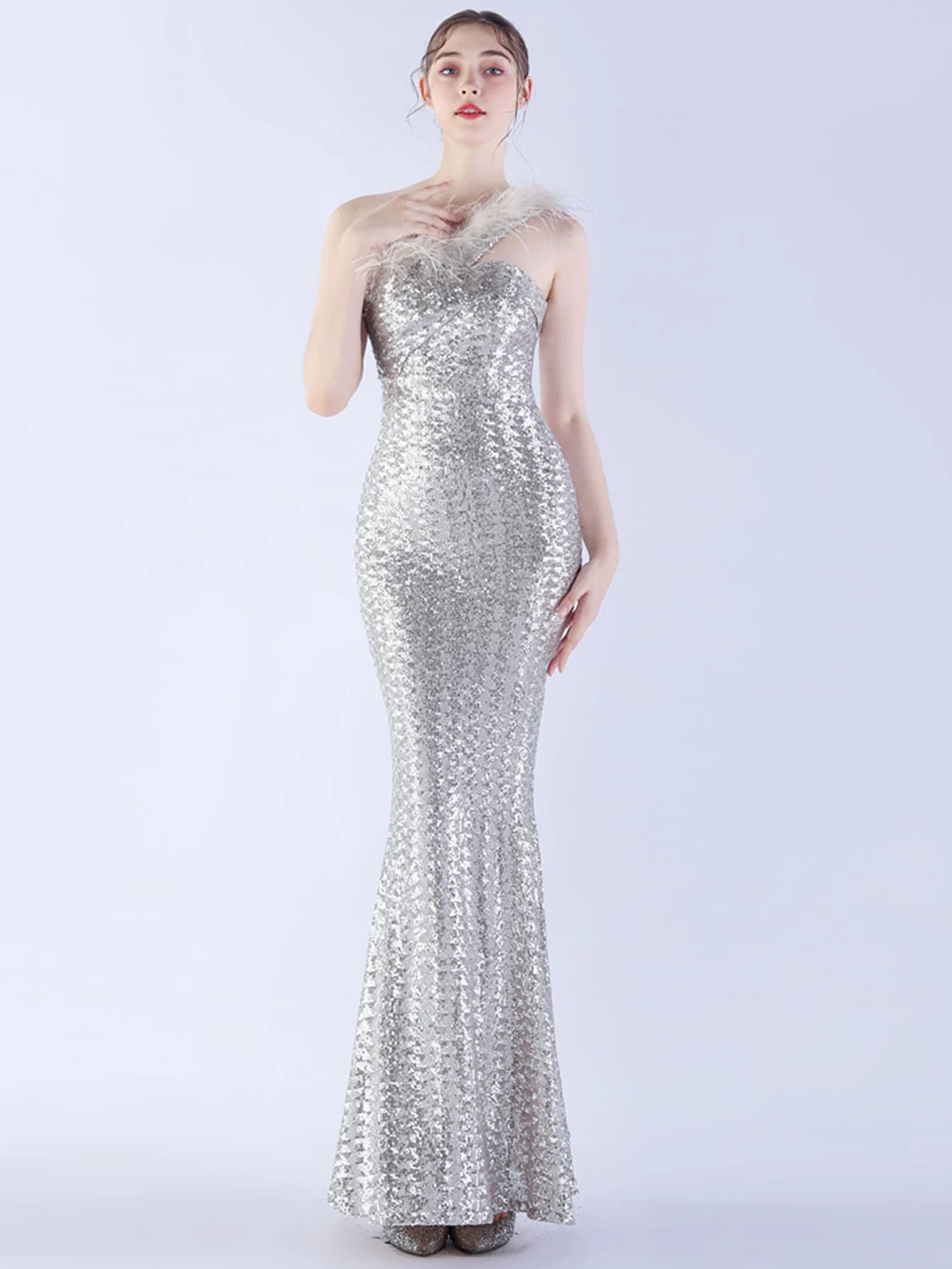 Elegant Luxury One-Shoulder Backless Sequin Maxi Party Prom Long Dress