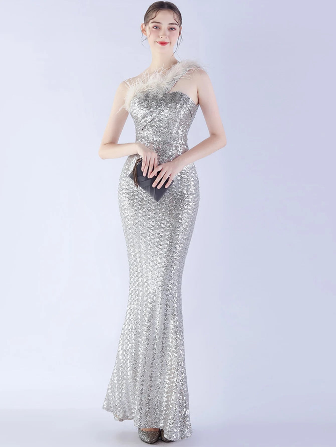 Elegant Luxury One-Shoulder Backless Sequin Maxi Party Prom Long Dress