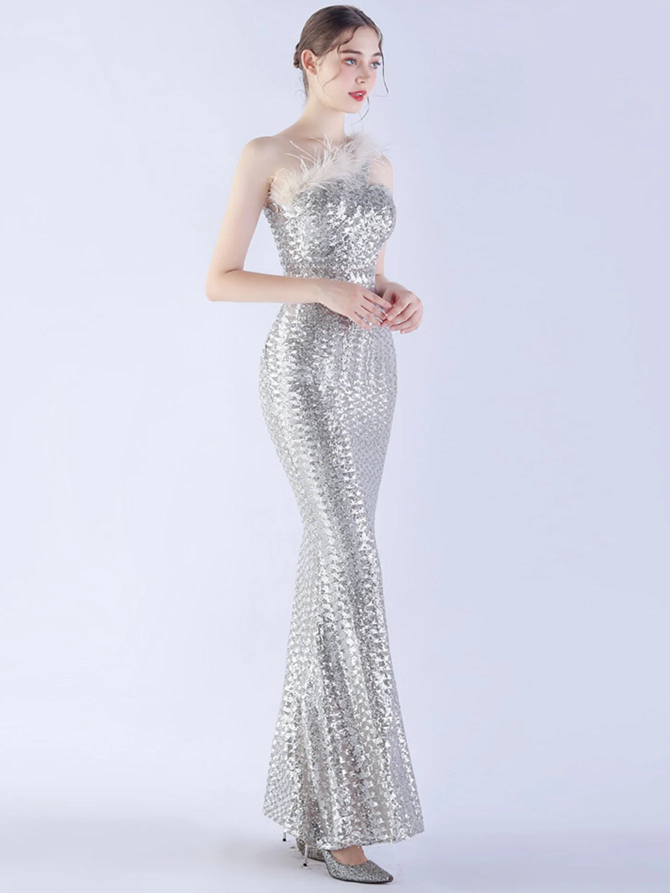 Elegant Luxury One-Shoulder Backless Sequin Maxi Party Prom Long Dress
