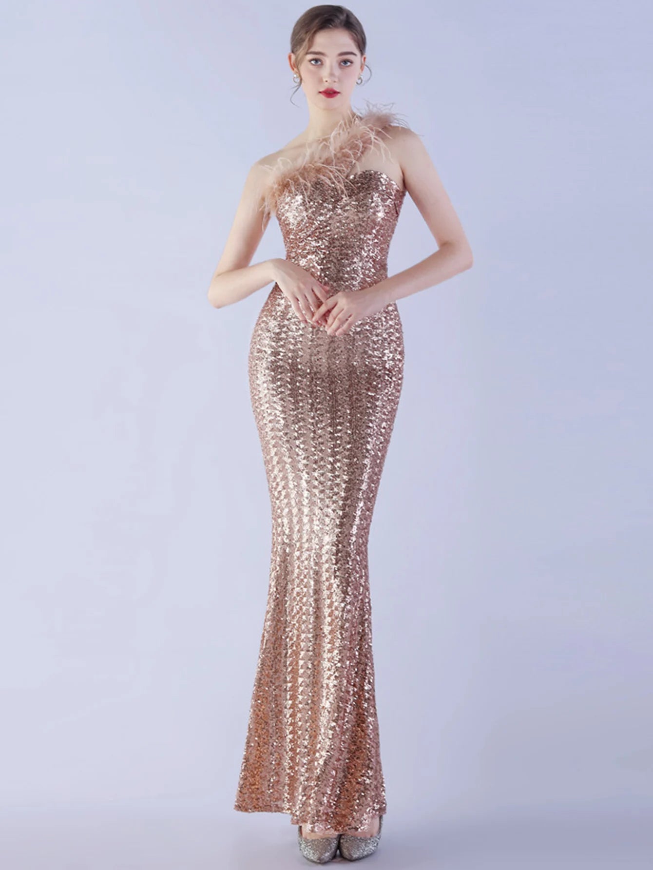 Elegant Luxury One-Shoulder Backless Sequin Maxi Party Prom Long Dress