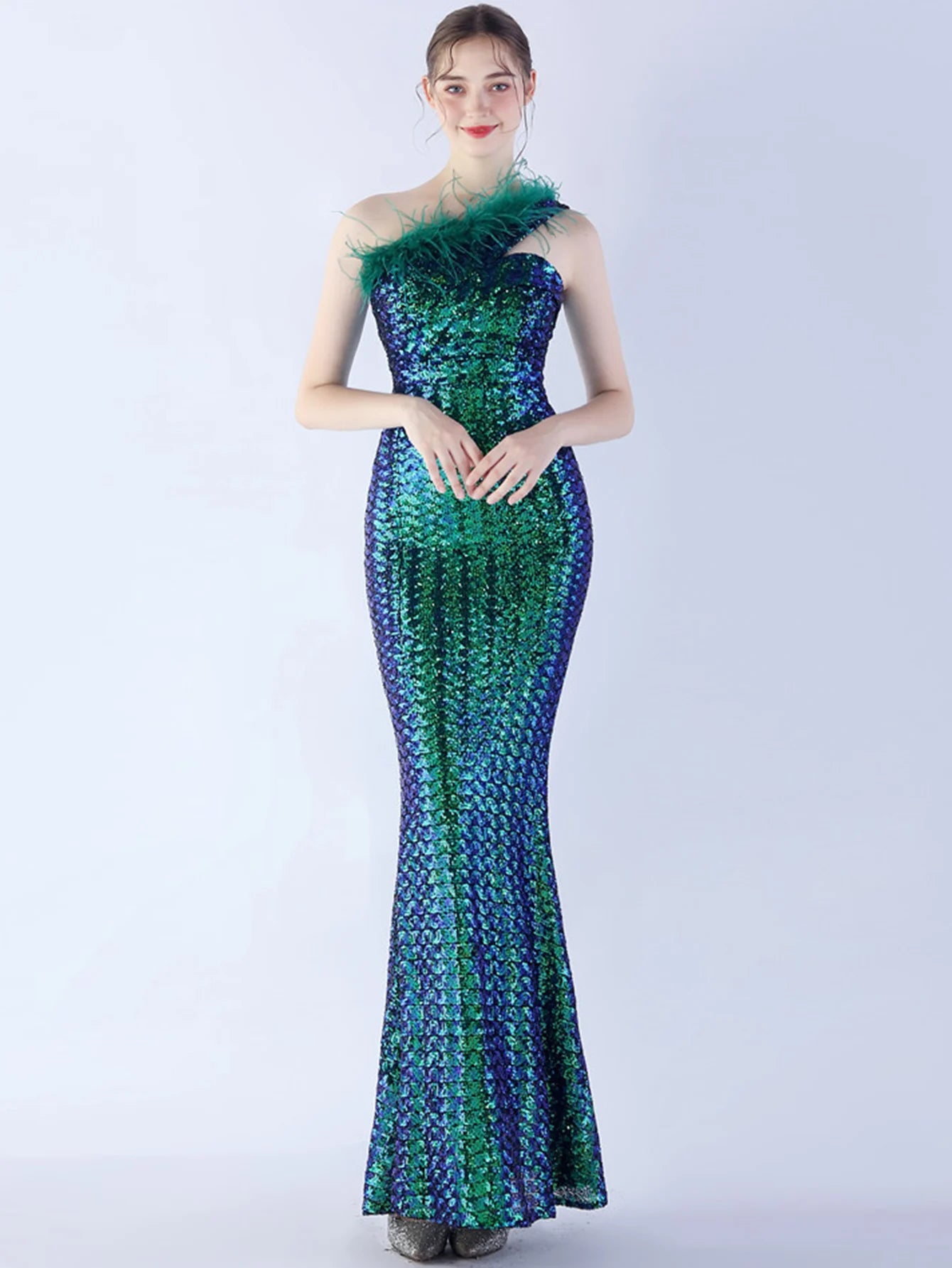 Elegant Luxury One-Shoulder Backless Sequin Maxi Party Prom Long Dress