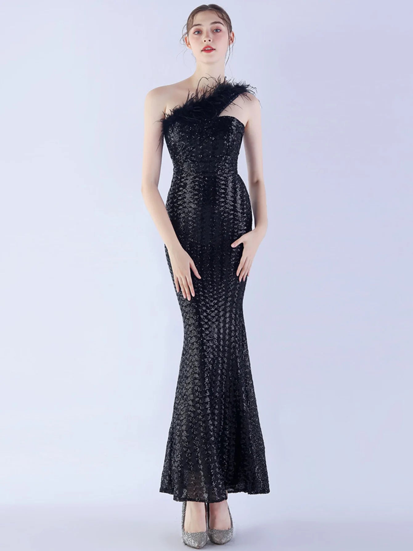 Elegant Luxury One-Shoulder Backless Sequin Maxi Party Prom Long Dress