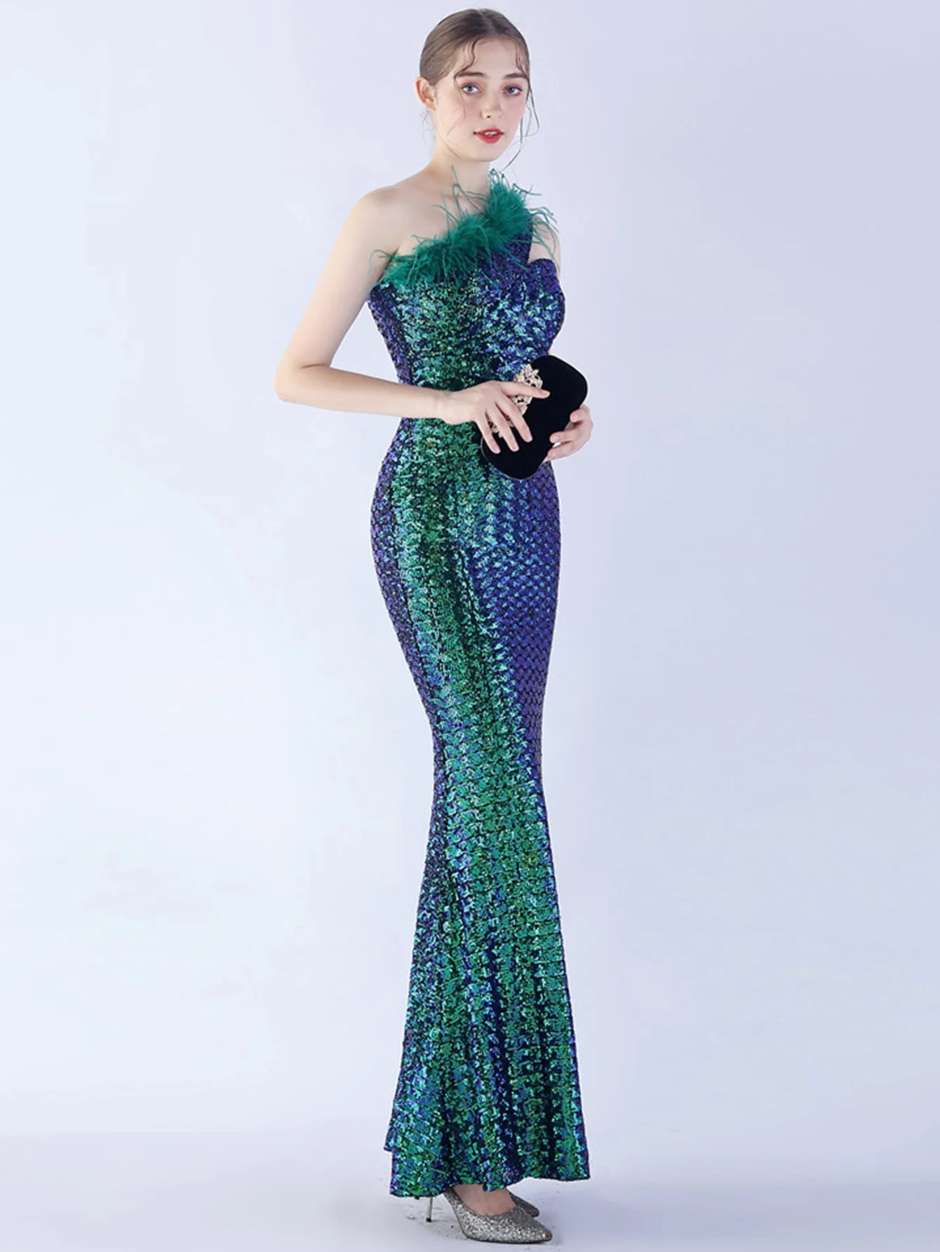 Elegant Luxury One-Shoulder Backless Sequin Maxi Party Prom Long Dress