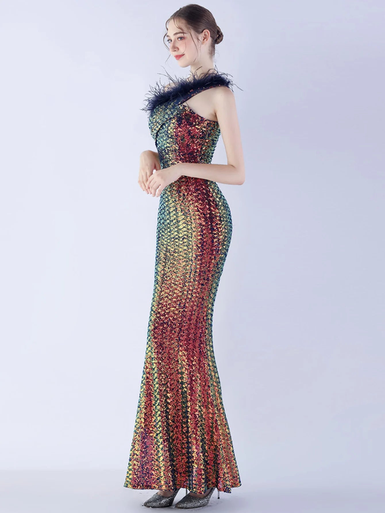 Elegant Luxury One-Shoulder Backless Sequin Maxi Party Prom Long Dress