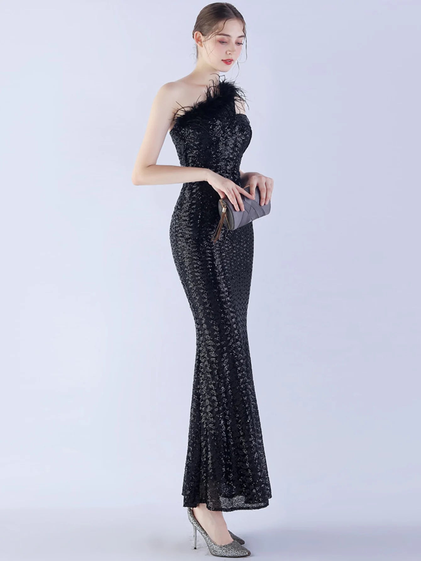 Elegant Luxury One-Shoulder Backless Sequin Maxi Party Prom Long Dress
