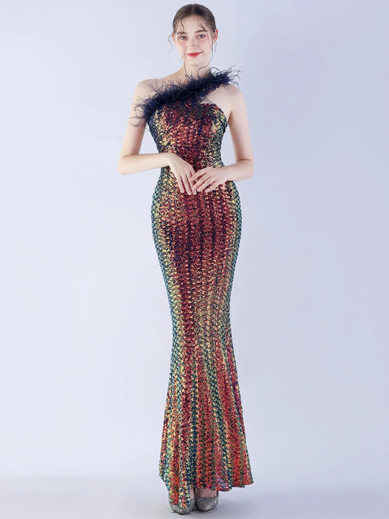 Elegant Luxury One-Shoulder Backless Sequin Maxi Party Prom Long Dress