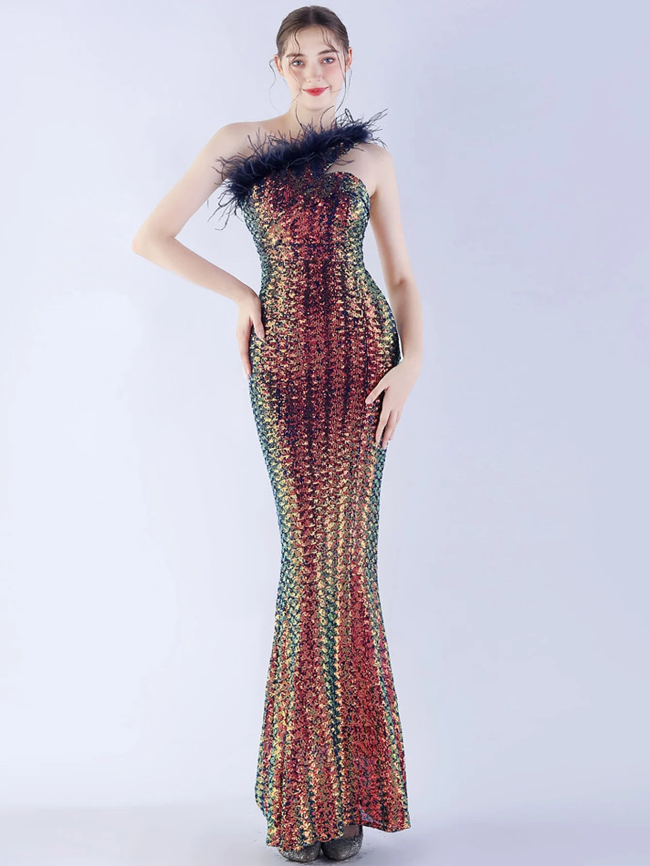 Elegant Luxury One-Shoulder Backless Sequin Maxi Party Prom Long Dress