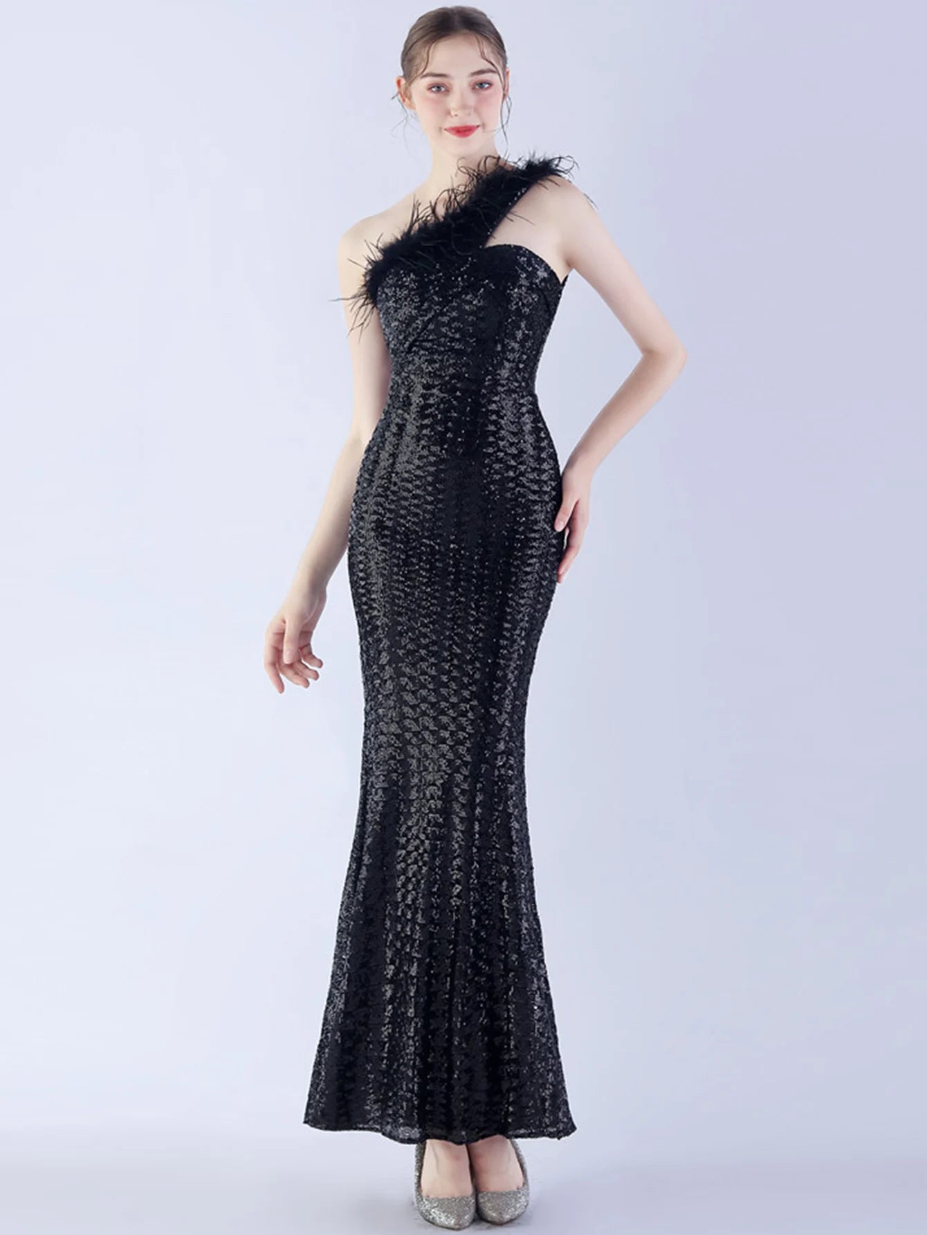 Elegant Luxury One-Shoulder Backless Sequin Maxi Party Prom Long Dress