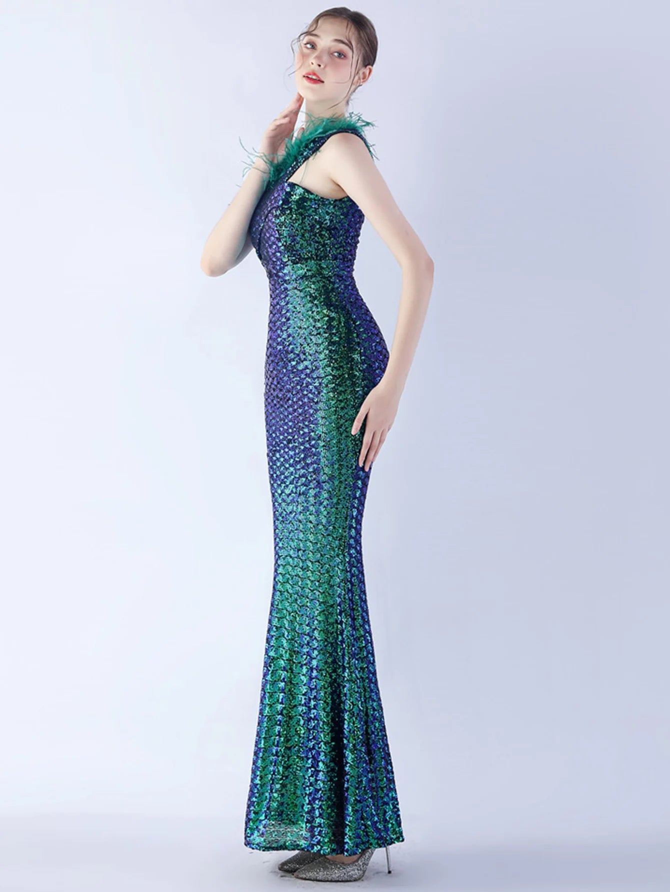 Elegant Luxury One-Shoulder Backless Sequin Maxi Party Prom Long Dress