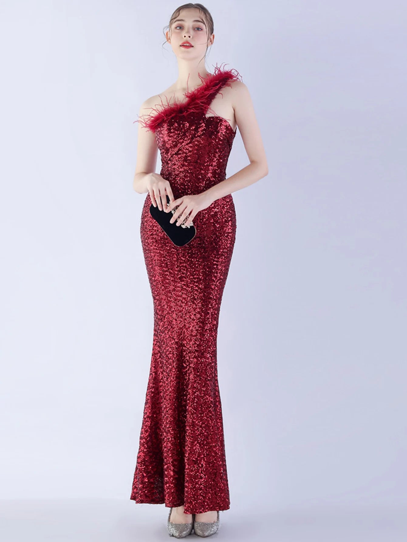 Elegant Luxury One-Shoulder Backless Sequin Maxi Party Prom Long Dress