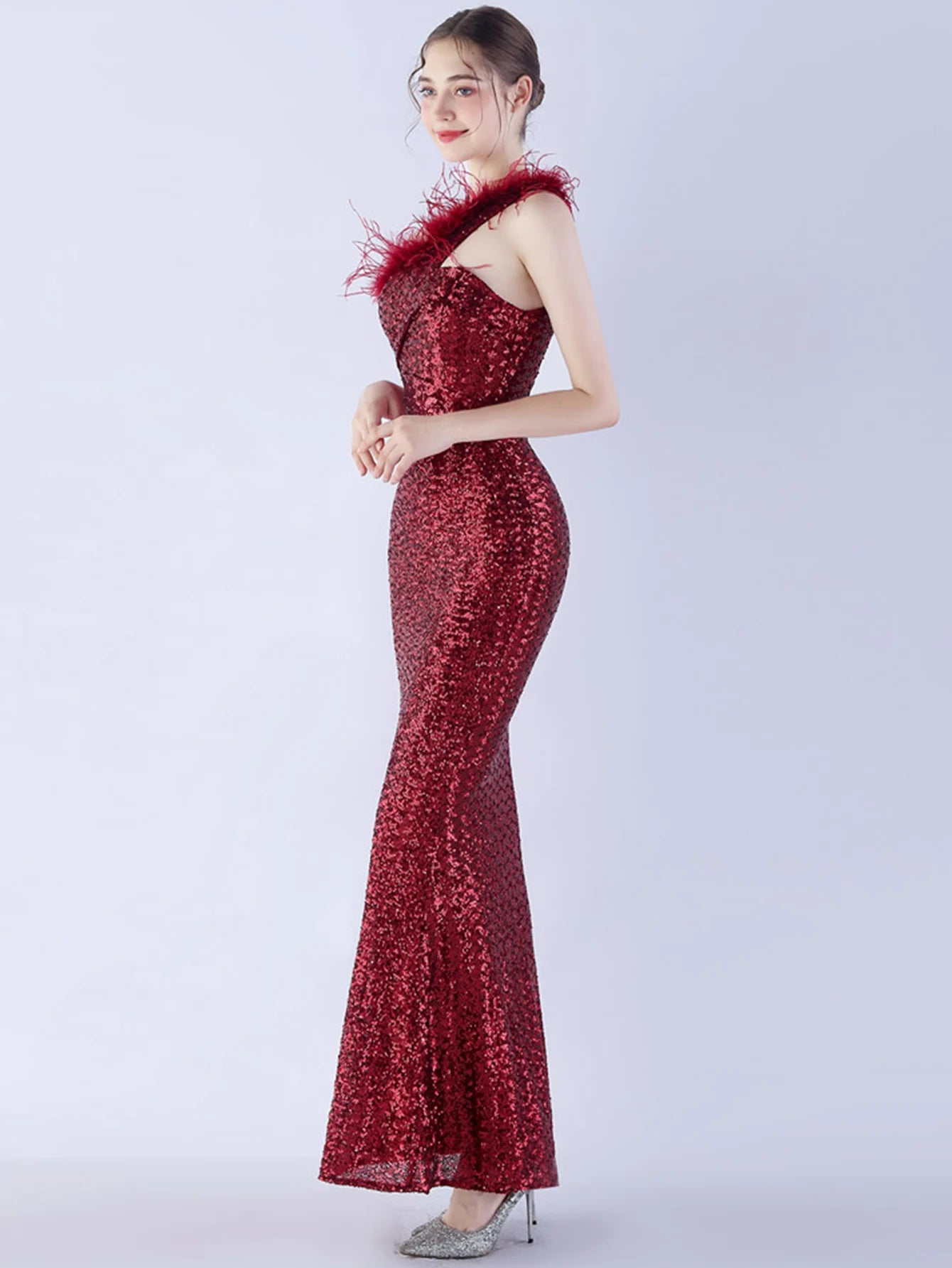 Elegant Luxury One-Shoulder Backless Sequin Maxi Party Prom Long Dress