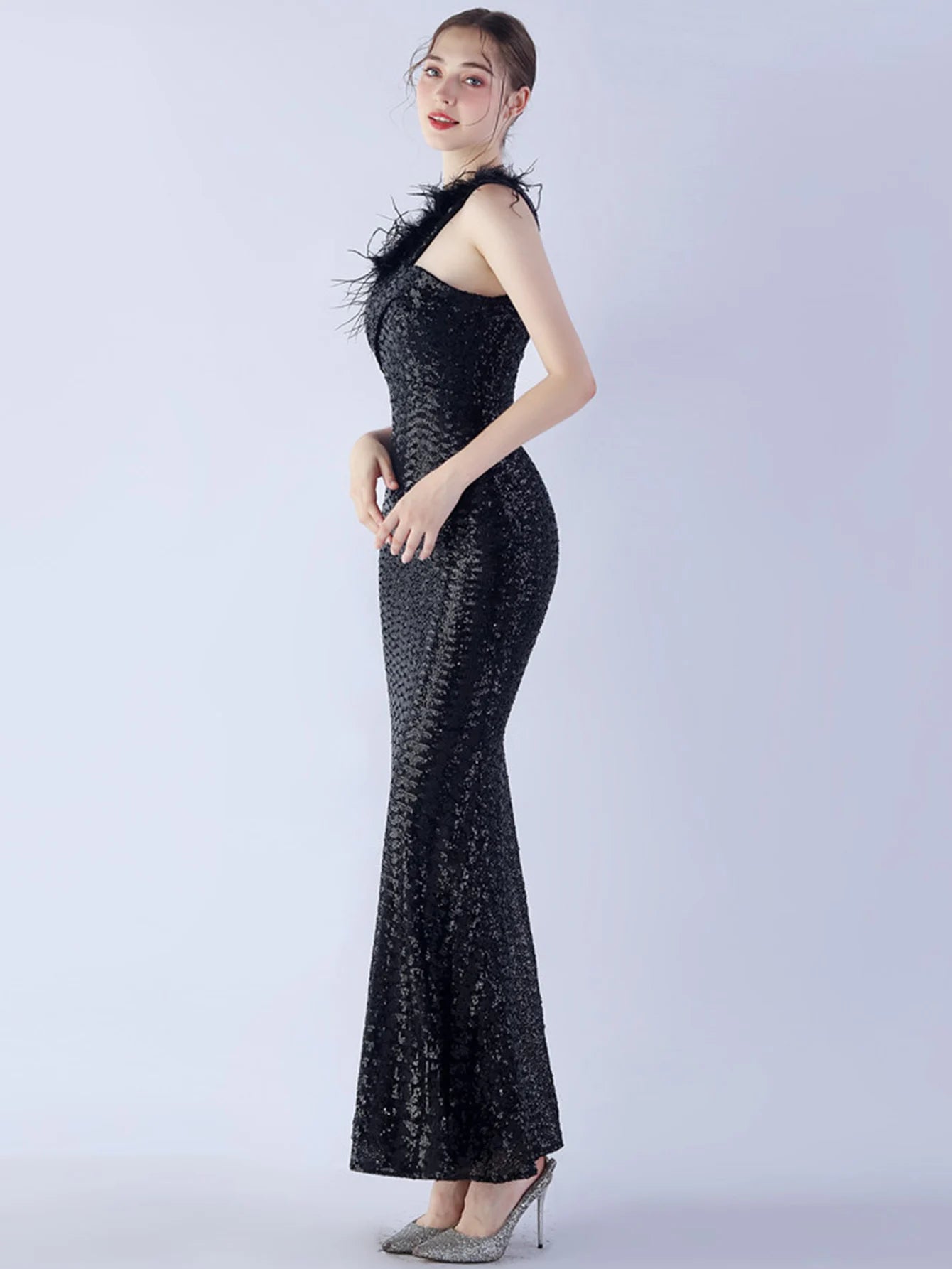 Elegant Luxury One-Shoulder Backless Sequin Maxi Party Prom Long Dress