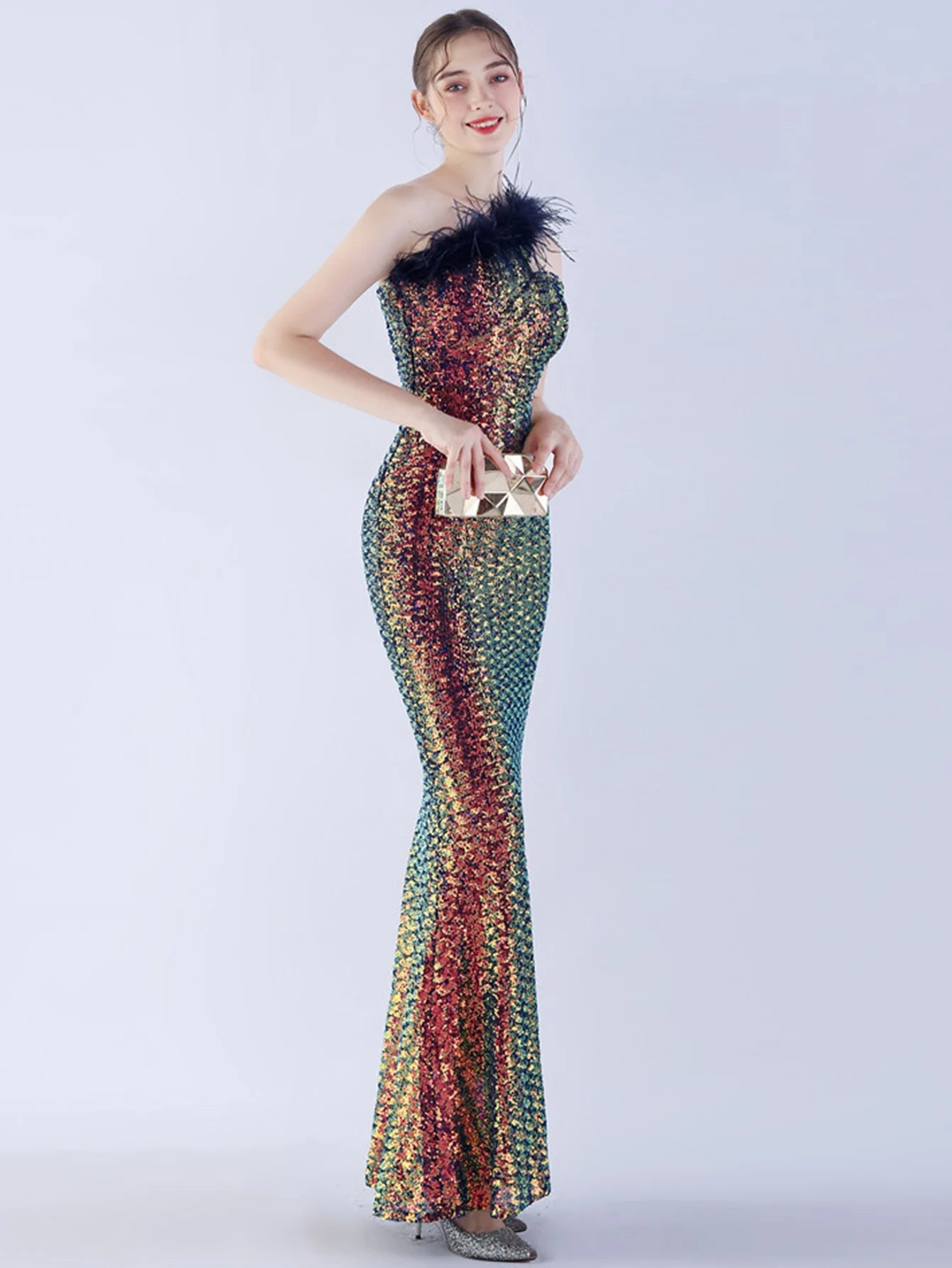 Elegant Luxury One-Shoulder Backless Sequin Maxi Party Prom Long Dress