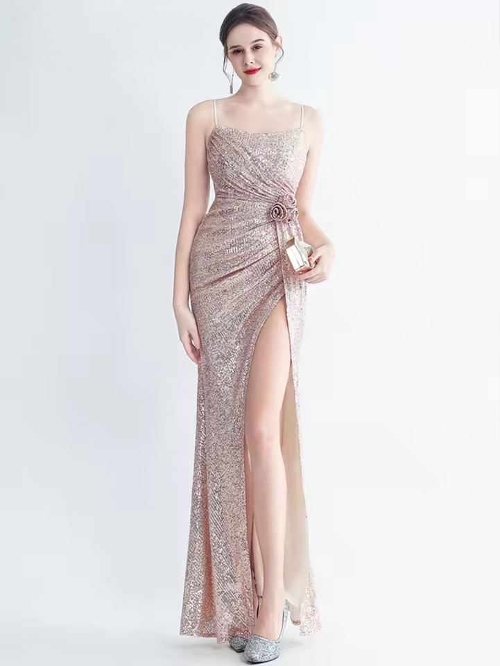 Elegant Luxury Sequin Backless Birthday Party Maxi Dress