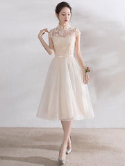 Elegant Mandarin Collar Lace Applique Cap Sleeve Bow Sash Short Dress