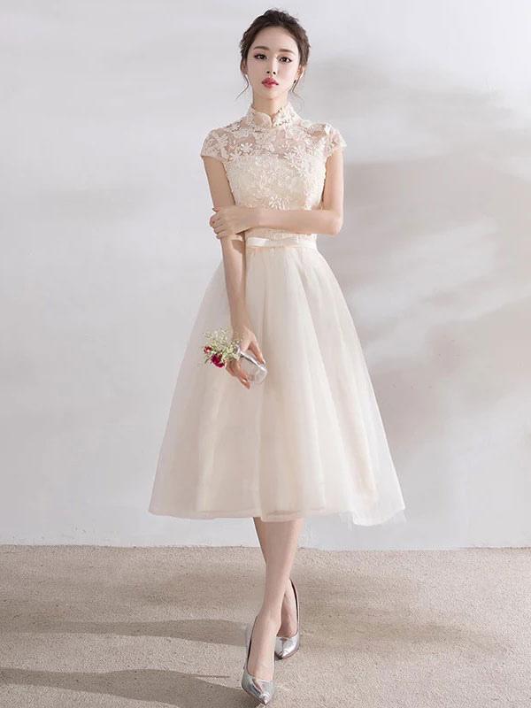 Elegant Mandarin Collar Lace Applique Cap Sleeve Bow Sash Short Dress