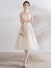 Elegant Mandarin Collar Lace Applique Cap Sleeve Bow Sash Short Dress