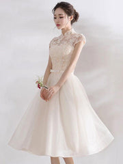 Elegant Mandarin Collar Lace Applique Cap Sleeve Bow Sash Short Dress