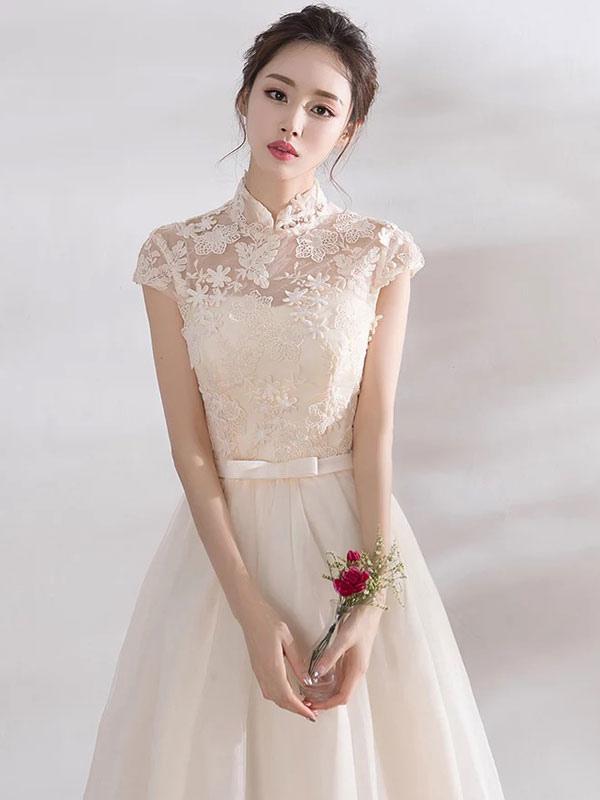 Elegant Mandarin Collar Lace Applique Cap Sleeve Bow Sash Short Dress