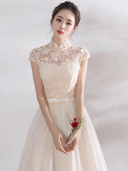 Elegant Mandarin Collar Lace Applique Cap Sleeve Bow Sash Short Dress