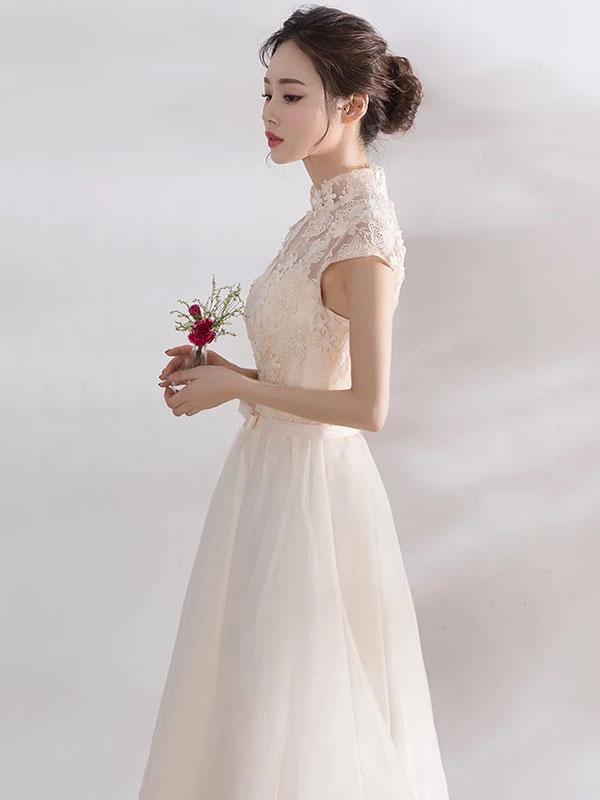 Elegant Mandarin Collar Lace Applique Cap Sleeve Bow Sash Short Dress