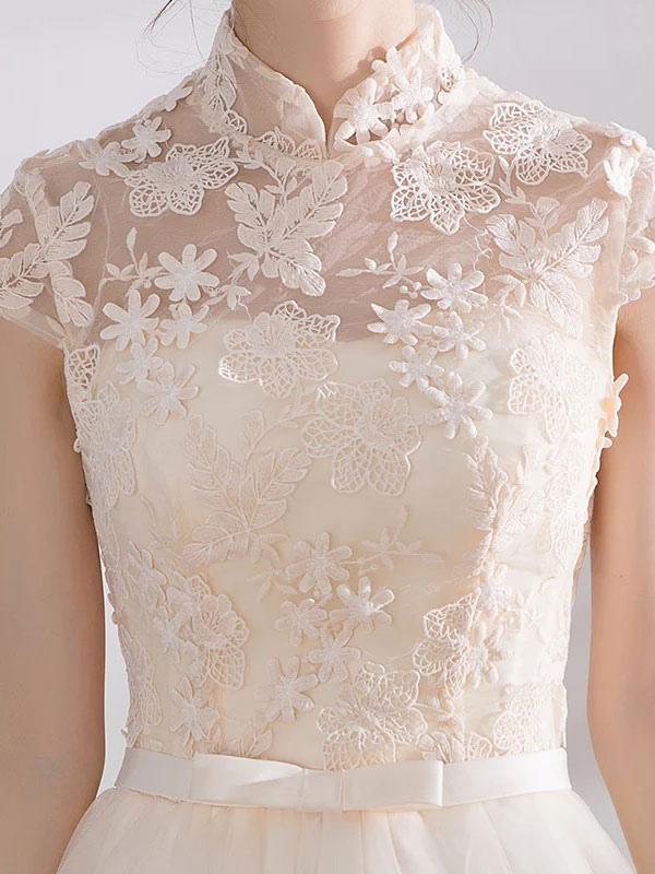 Elegant Mandarin Collar Lace Applique Cap Sleeve Bow Sash Short Dress