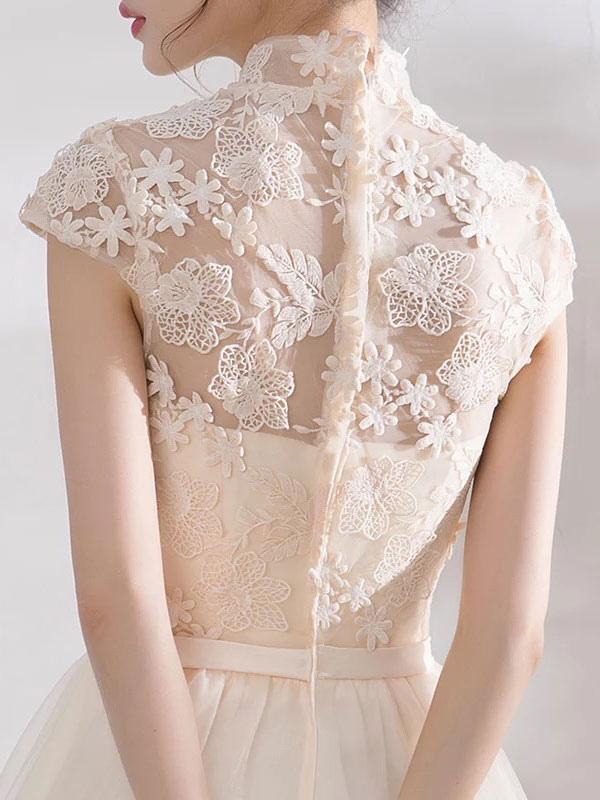 Elegant Mandarin Collar Lace Applique Cap Sleeve Bow Sash Short Dress