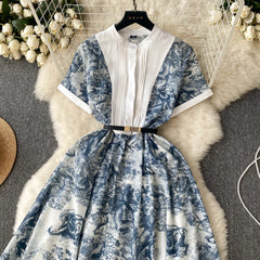 Elegant Maxi Dresses for Women Printed Short Sleeve A-line Belted