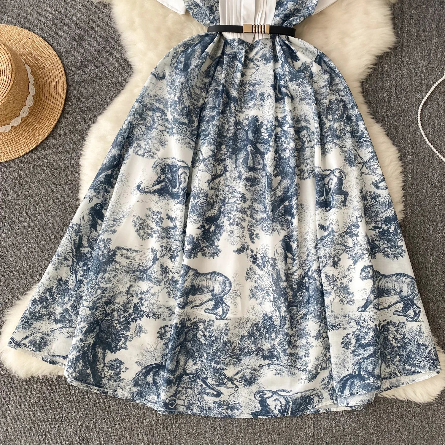 Elegant Maxi Dresses for Women Printed Short Sleeve A-line Belted