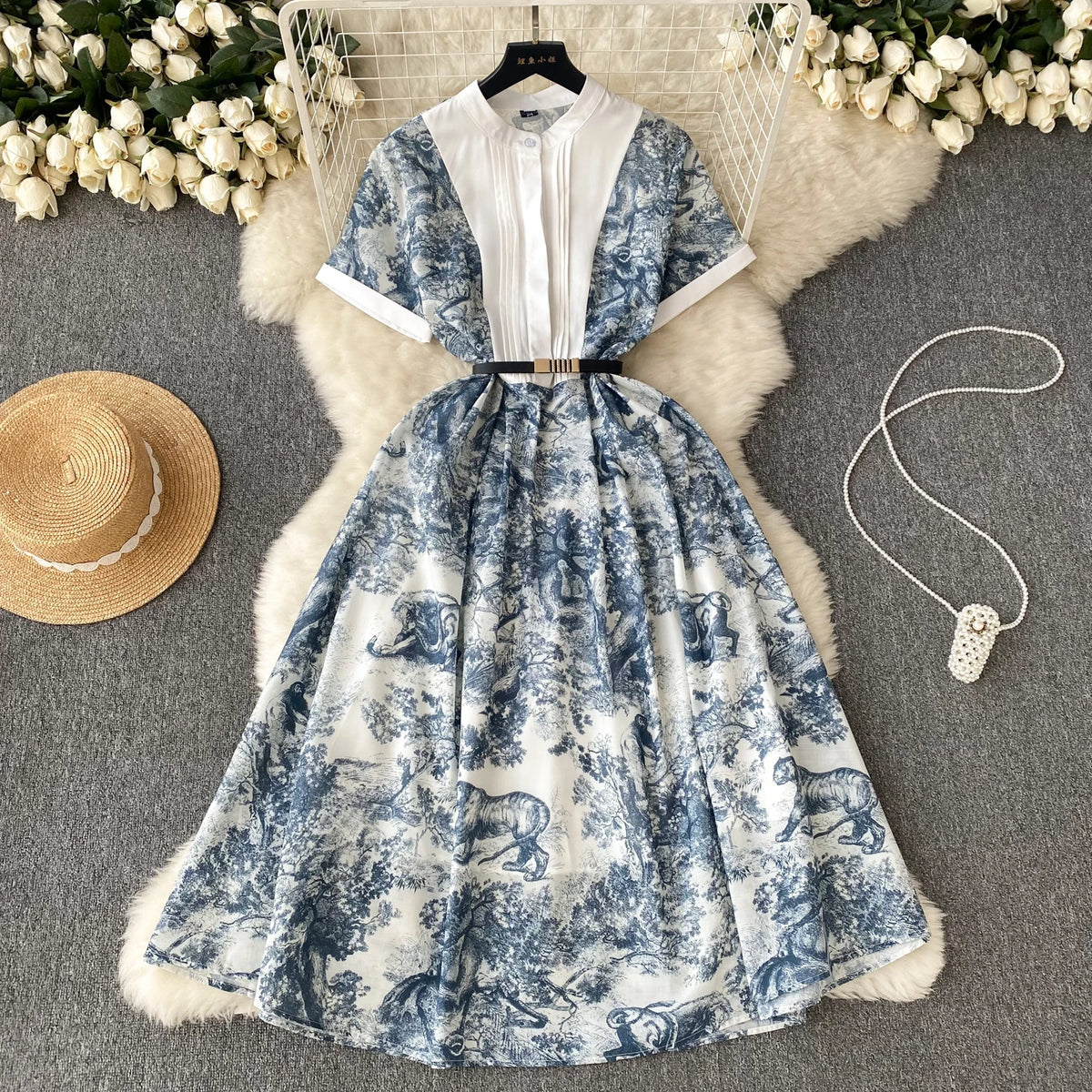 Elegant Maxi Dresses for Women Printed Short Sleeve A-line Belted