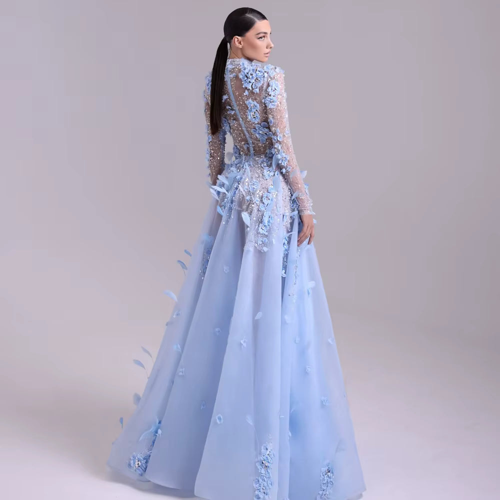 Elegant Mermaid Feathers 3D Flowers Halter Neck Floor-Length Maxi Dress