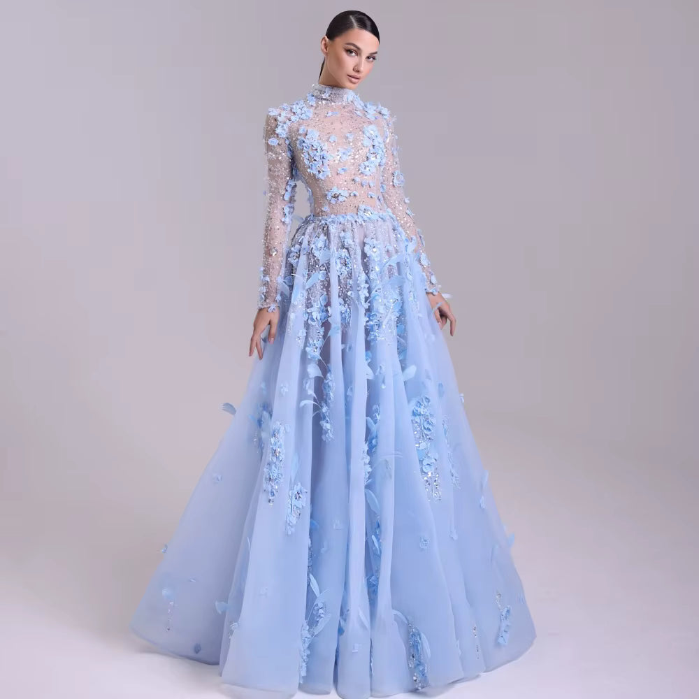 Elegant Mermaid Feathers 3D Flowers Halter Neck Floor-Length Maxi Dress