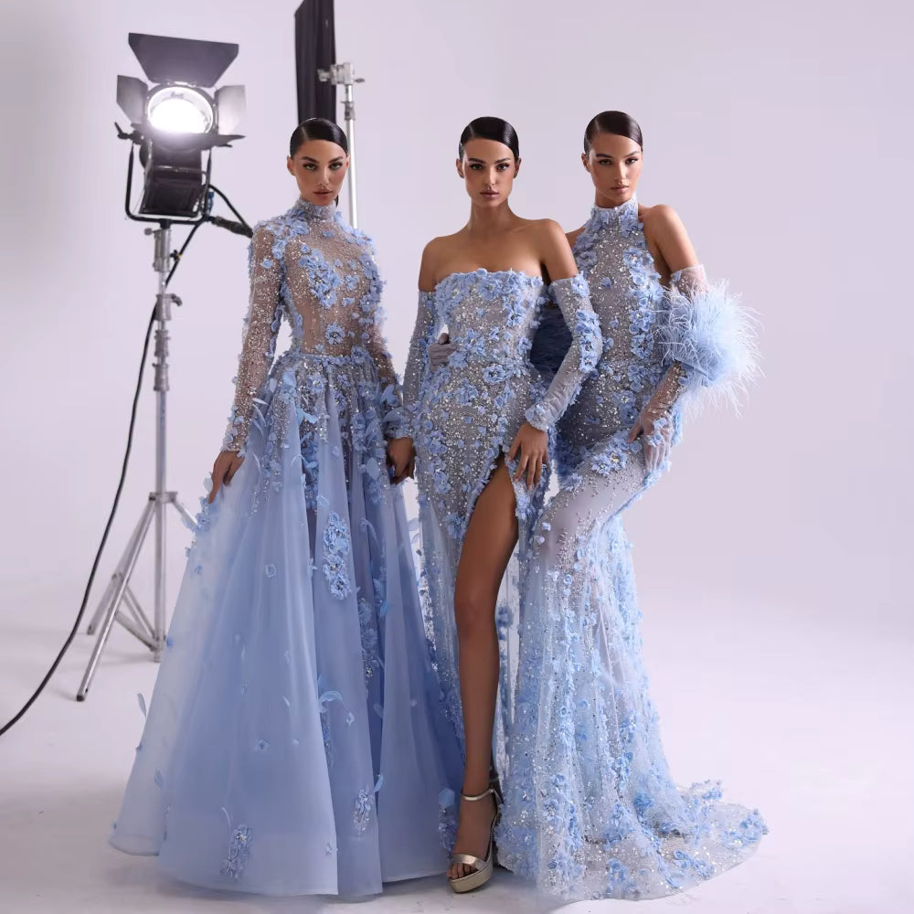 Elegant Mermaid Feathers 3D Flowers Halter Neck Floor-Length Maxi Dress