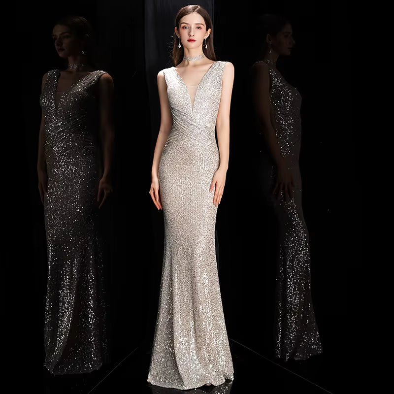 Elegant Mermaid Formal V-Neck Sequin Evening Bodycon Maxi Dress