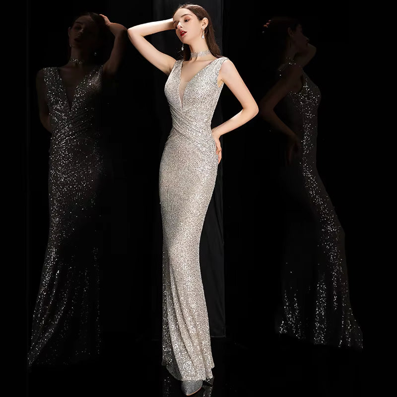 Elegant Mermaid Formal V-Neck Sequin Evening Bodycon Maxi Dress