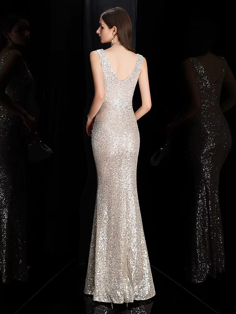 Elegant Mermaid Formal V-Neck Sequin Evening Bodycon Maxi Dress
