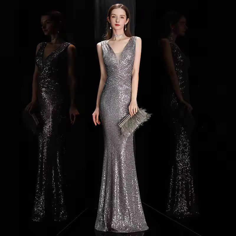 Elegant Mermaid Formal V-Neck Sequin Evening Bodycon Maxi Dress