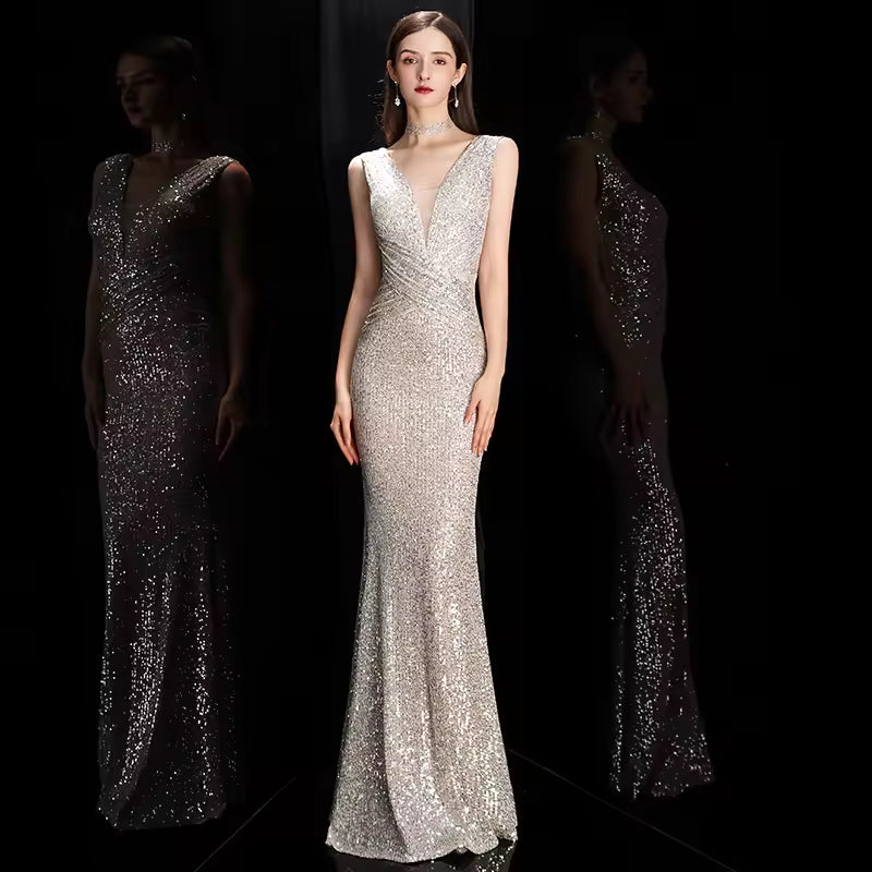 Elegant Mermaid Formal V-Neck Sequin Evening Bodycon Maxi Dress