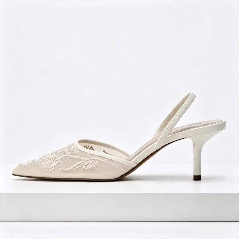 Elegant Mesh Embroidered Flowers Designer Heel