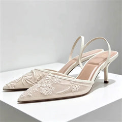 Elegant Mesh Embroidered Flowers Designer Heel