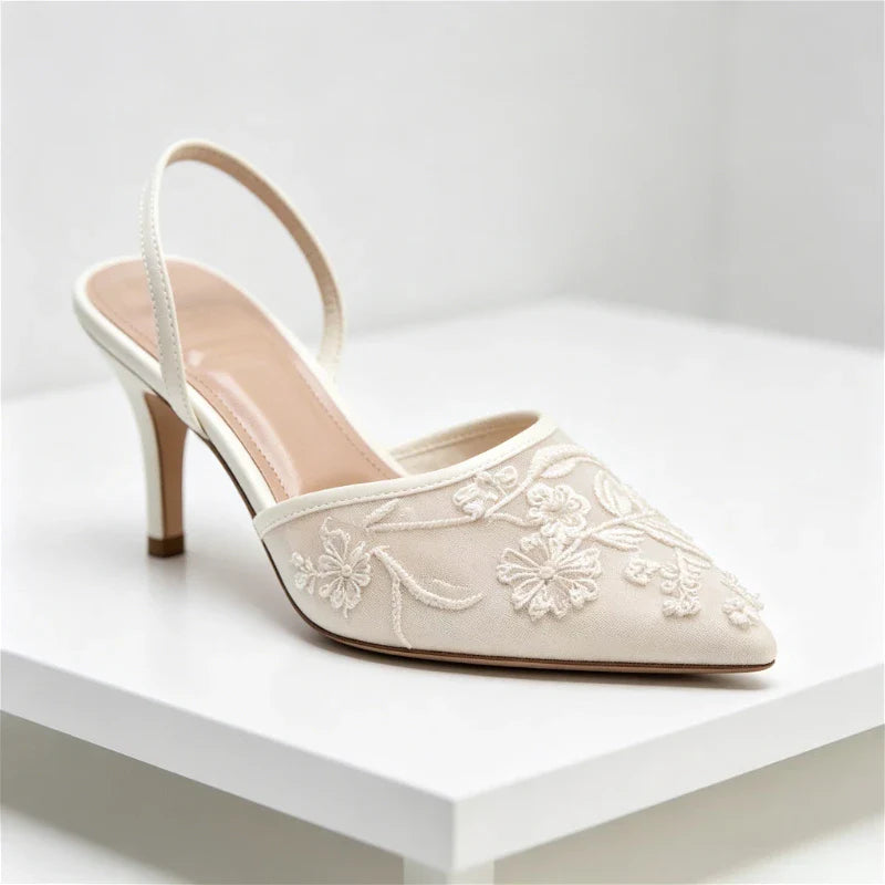 Elegant Mesh Embroidered Flowers Designer Heel