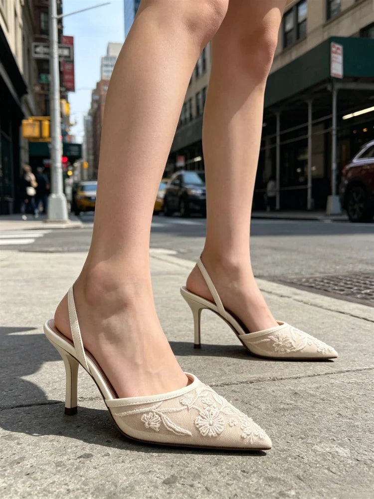 Elegant Mesh Embroidered Flowers Designer Heel
