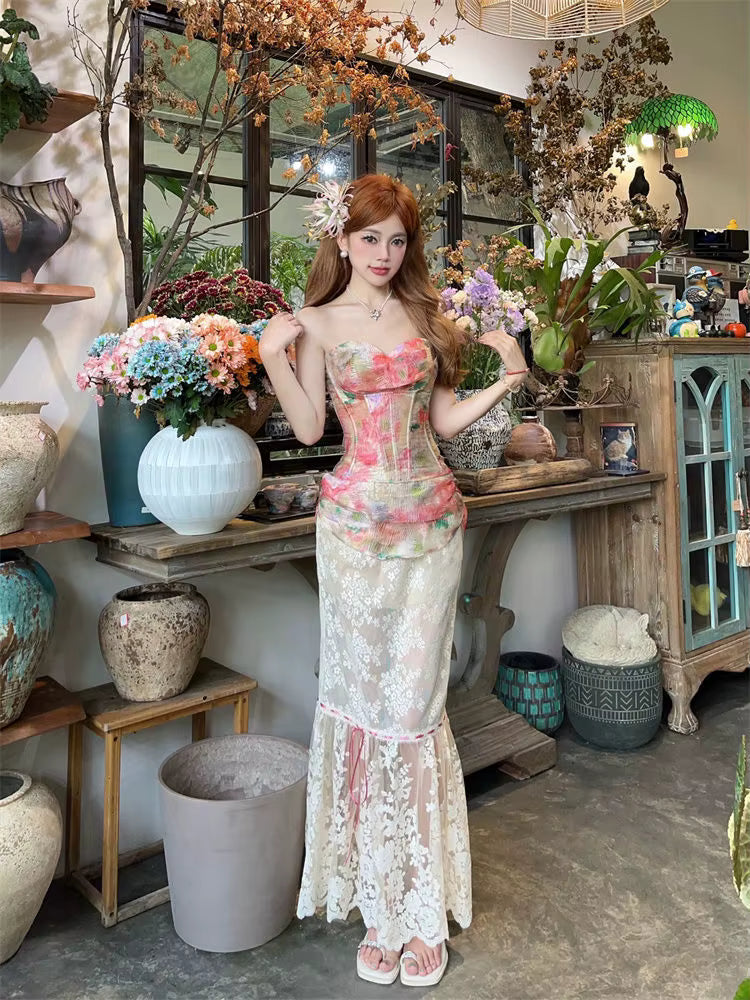 Elegant Mesh Floral Corset Top and Lace Midi Skirt Two Piece Set